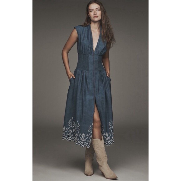 Anthropologie Midi Dress Tommie Denim Eyelet Trim Preppy Vacay Boho Small NWT